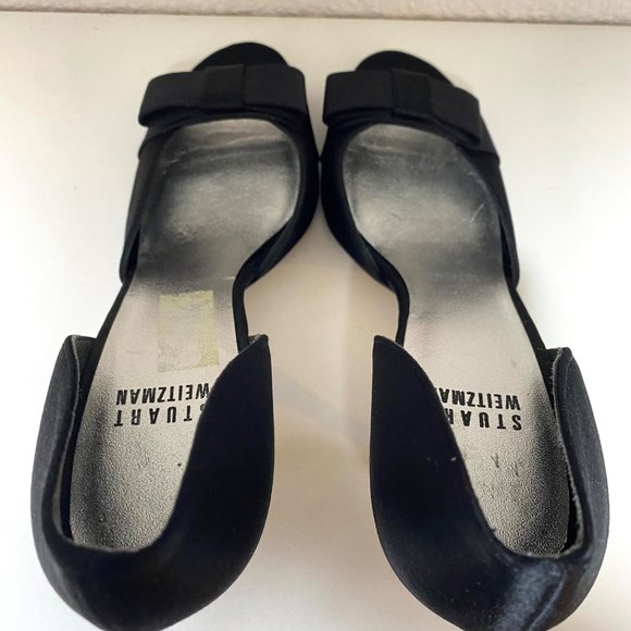 NEW Stuart Weitzman Peep Toe Bow Stiletto D'orsay Satin Sandal Heels 7.5 Black - Picture 7 of 9